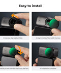 Installation steps for ND CPL Filter Kit for DJI Osmo Nano Vlog Ready Camera, showing how to attach ND8 ND16 ND32 and CPL filters.