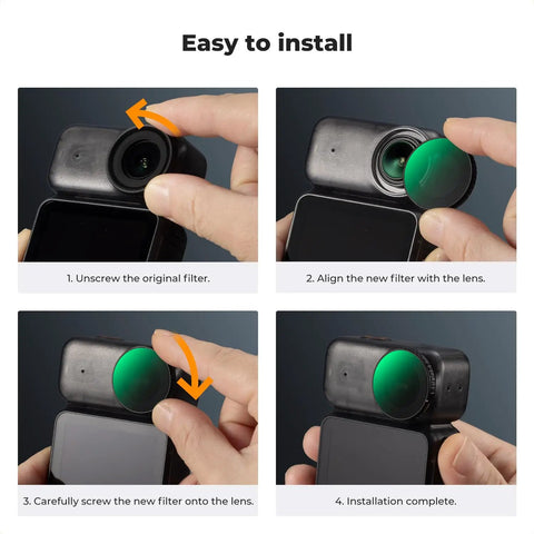 Installation steps for ND CPL Filter Kit for DJI Osmo Nano Vlog Ready Camera, showing how to attach ND8 ND16 ND32 and CPL filters.