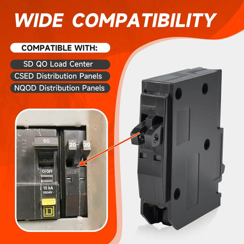 Tandem 1 Pole 20 Amp Circuit Breaker Plug-In 120/240V AC With 10kA Interrupting Rating displayed with compatibility details.