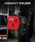 ARCCAPTAIN MIG145 Pro Flux Core MIG Welder 145 Amp 120 Volt 3 In 1 Synergic Control Easy Start For Beginners shown being held, 9.5lb.