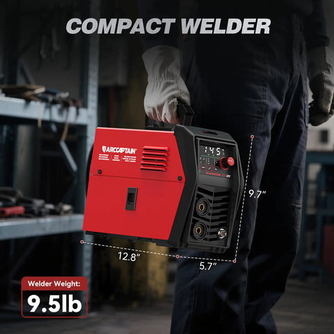 ARCCAPTAIN MIG145 Pro Flux Core MIG Welder 145 Amp 120 Volt 3 In 1 Synergic Control Easy Start For Beginners shown being held, 9.5lb.