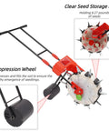 Hand Push Garden Seeder Roller Planter For Easy Seed Drop In One Handy Machine with 10 nozzles and 8.27-pound seed box, overhead view