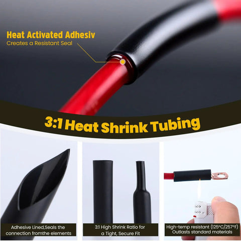 Heat Activated Adhesive Seal on Red Cable in Heavy Duty Pro Grade Copper Wire Lugs And Heat Shrink Tubing Kit 264 Pcs Battery Cable Ends Set AWG 8 To Two Zero Lugs And Three To One Dual Wall Shrink Tubing Premium Metal Terminals For Auto And Marine Wiring