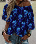 Casual Boat Neck Womens Tee With Short Sleeves In Lightweight Stretchy Poly Spandex Blend Blue Lightning Dragon Print