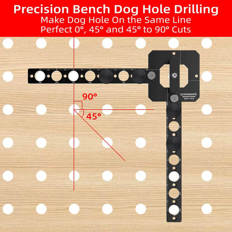 Go-To Precision 20mm Bench Dog Hole Drill Guide And Template for accurate MFT table hole positioning with angle indicators.