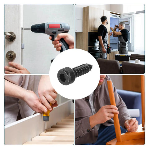 Top Shelf 304 Stainless Steel Hex Socket Head Cap Screws M4 X14Mm Black Finish in wood assembly with drill and wrench.