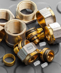 Assorted plumbing fittings and connectors on rubber mat, not 20 Pack Stainless Steel Ball Catch Door Hardware With Smooth Design
