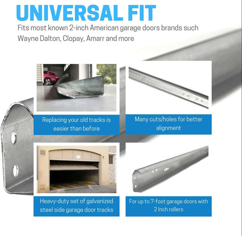 Vertical Garage Door Track Replacement Kit Left And Right Rails for 7 Foot Doors Galvanized Steel Hardware 2 Inch Roller Compatibility Residential and Light Commercial Side Tracks Easy Install and Smooth Operation image showing galvanized steel tracks, multiple cut holes, and a garage door.