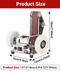 Rock Solid 7 Speed Mini Belt Sander Featuring Ultra Quiet Performance And 20 Tough Sanding Belts For Precision Woodworking Glass Etching And Detailed Jewelry Grinding On Any Weekend Warrior Build Back At The Local Shop, showing product size measurements.