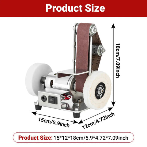 Rock Solid 7 Speed Mini Belt Sander Featuring Ultra Quiet Performance And 20 Tough Sanding Belts For Precision Woodworking Glass Etching And Detailed Jewelry Grinding On Any Weekend Warrior Build Back At The Local Shop, showing product size measurements.