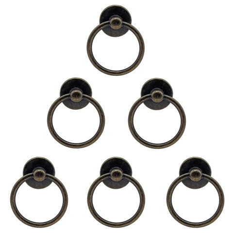 Six Pack Antique Bronze Ring Pull Handles For Dresser Drawers Cabinets And Cupboards, Vintage Metal Knob Pulls