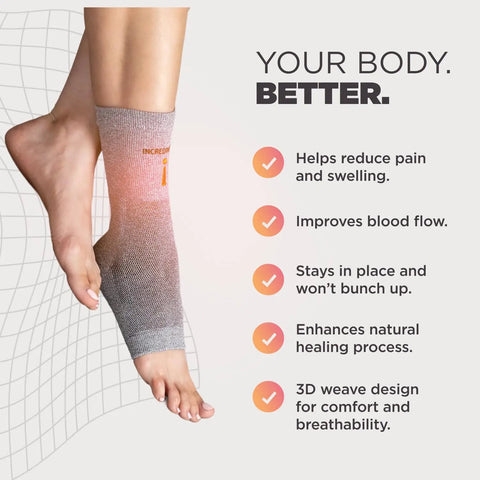 Infrared Ankle Sleeve With No Batteries Needed For Pain Relief And Swelling, Bioactive fabric support, gray, small to medium size.
