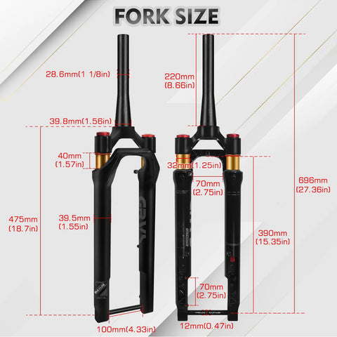 Gravel Front Fork With Air Suspension Built For Rough Gravel Trails, 40mm Travel, 700C Compatible, fork size dimensions displayed.