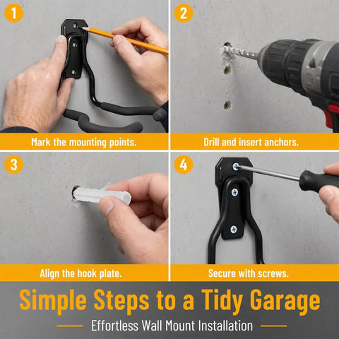 Installation steps for Heavy Duty Garage Hooks 4 Pack Wall Mount Rubber Coated Utility Hooks For Hanging Tools Ladders Garden Gear.