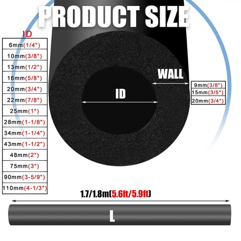 Pro Grade Foam Pipe Insulation Wrap Kit showing size options and measurements for 1/4 to 2 inch diameter pipes.