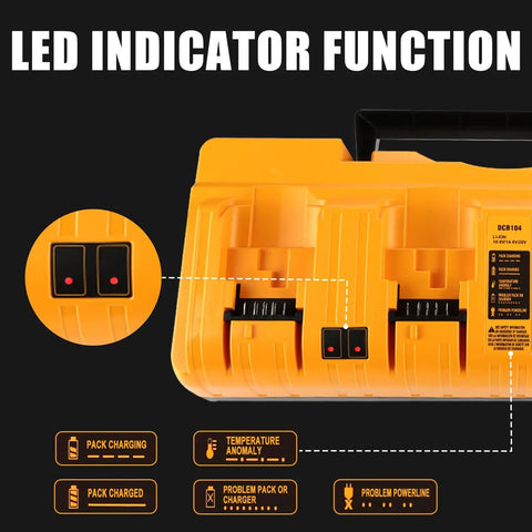 Close-up of LED indicators on 20V Quick Charger Replacement For Dewalt DCB104 Four Port Battery Charger Station with text descriptions.