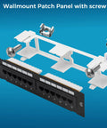 12 Port Cat6 Patch Panel With 10G Support for home networking, showing UTP punch down block with screws on blue background.