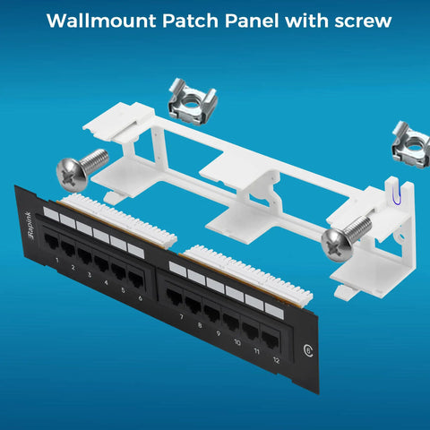12 Port Cat6 Patch Panel With 10G Support for home networking, showing UTP punch down block with screws on blue background.