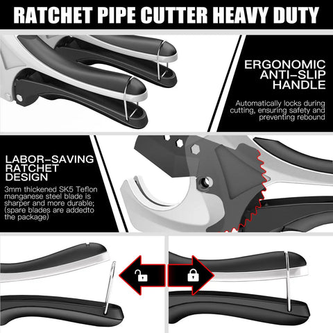 Close-up of Ratcheting PVC Pipe Cutter With Soft Grip Handle, ergonomic anti-slip design and labor-saving ratchet mechanism.