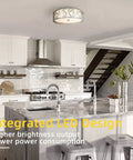 Close To Ceiling LED Flush Mount Light Fixture in modern brushed nickel with metal frame and acrylic shade in a kitchen setting