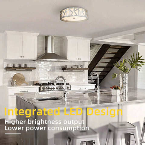 Close To Ceiling LED Flush Mount Light Fixture in modern brushed nickel with metal frame and acrylic shade in a kitchen setting