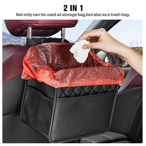 Two Pack Backseat Car Organizer With Cup Holders, Waterproof PU Leather Universal Hanging Car Seat Back Organizer shown as trash bag in car