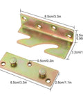 Heavy Duty Bed Rail Fittings With No Mortise Bed Brackets And Rust Proof Galvanized Steel Connectors, two metal brackets with dimensions.