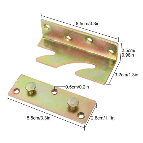Heavy Duty Bed Rail Fittings With No Mortise Bed Brackets And Rust Proof Galvanized Steel Connectors, two metal brackets with dimensions.