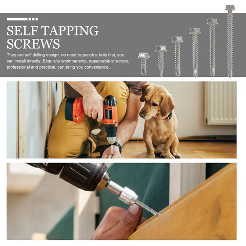 Using Self Tapping And Self Drilling Kit in 410 Stainless Steel with Washer Head for easy DIY home fixes, includes storage box.