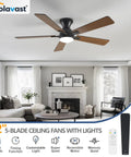 52 Inch Black Low Profile Ceiling Fan With Light And Remote Flush Mount Reversible DC Motor Dimmable LED in living room