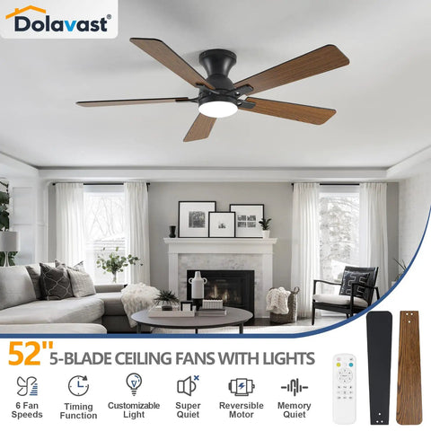 52 Inch Black Low Profile Ceiling Fan With Light And Remote Flush Mount Reversible DC Motor Dimmable LED in living room