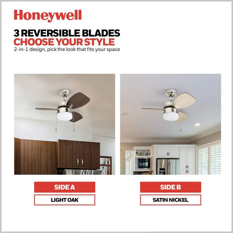 Ocean Breeze 30 Inch Ceiling Fan With Light Indoor LED, 3 Dual Finish Blades, Satin Nickel And Light Oak Finishes, kitchen view