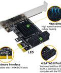 Four Port PCIe SATA Expansion Card With 6Gbps SATA 3.0 Controllers, Includes Four Cables And Low Profile Bracket, Bootable Non RAID Desktop PC Disk Drive Controller, Easy Install And High Speed Storage Upgrade, black PCB with heat sink