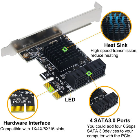 Four Port PCIe SATA Expansion Card With 6Gbps SATA 3.0 Controllers, Includes Four Cables And Low Profile Bracket, Bootable Non RAID Desktop PC Disk Drive Controller, Easy Install And High Speed Storage Upgrade, black PCB with heat sink