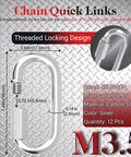 Diagram of Heavy Duty Chain Quick Links And Carabiner Set For Hammock Hanging Camping And Hiking with dimensions and features labeled