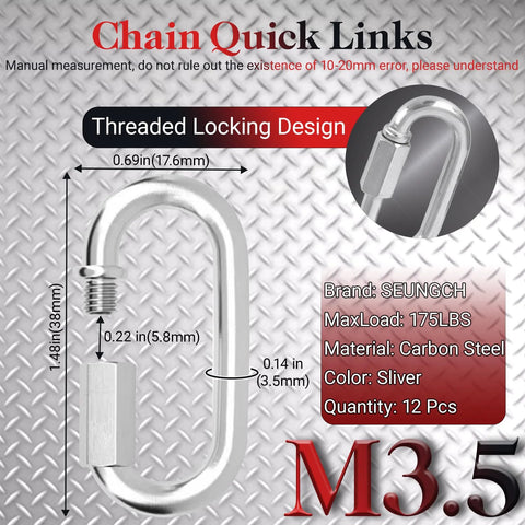 Diagram of Heavy Duty Chain Quick Links And Carabiner Set For Hammock Hanging Camping And Hiking with dimensions and features labeled