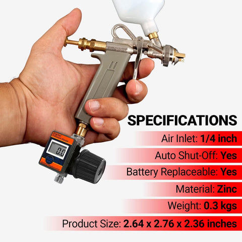 Hand holding Pro Grade Digital Air Pressure Regulator With One Quarter Inch NPT Diaphragm Airflow Valve Up To 160 PSI Digital Gauge