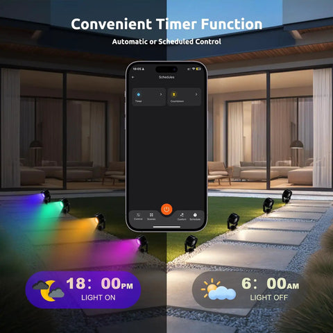 8 Pack Smart RGBW Outdoor Landscape Lights With IP65 Waterproof, Low Voltage, App And Remote Control, shown with timer setting