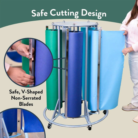 5 Roll Paper Dispenser And Cutter For Classrooms With Mobile Storage Safe Teacher Friendly Cutting System displayed with rolls and casters