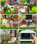 Smart Drip Irrigation System steps for 15 Pots with Solar and USB C Dual Charging, highlighting assembly and setup process.