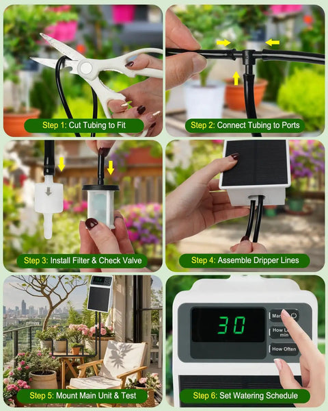 Smart Drip Irrigation System steps for 15 Pots with Solar and USB C Dual Charging, highlighting assembly and setup process.
