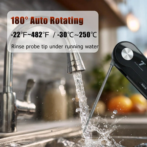 Digital Kitchen Scale With Pull Out Display 0.1g Precision 11 Lb 5 Kg Capacity LED Backlit USB Rechargeable Stainless Steel Platform Five Unit Options Dialed In For Coffee And Baking shown with a thermometer under running water.