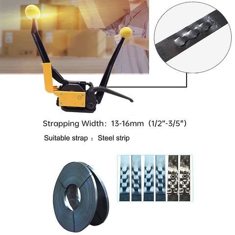 Heavy Duty Steel Strapping Tool A333 Stainless Manual Banding Machine with straps and seals shown