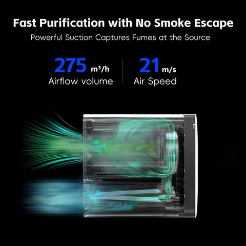 Ultra Powered Laser Fume Extractor Snatches Heavy Smoke And Nasty Odors Straight Away showing airflow details at 275 m³/h and 21 m/s.