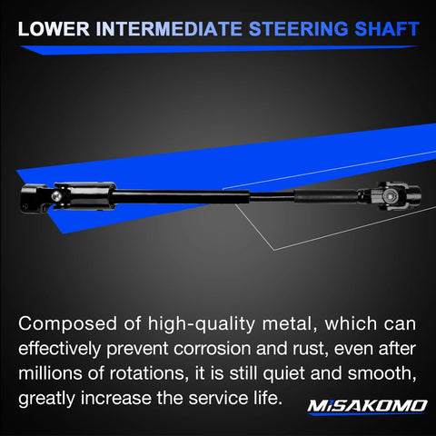 Misakomo lower steering shaft, black metal rod with universal joints at ends, side view.