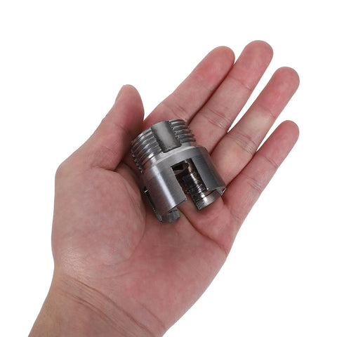 ABOOFUN 3 Pc Pipe Threader Tool Kit piece in hand, crafted from gritty steel, used for internal and external pipe threading.