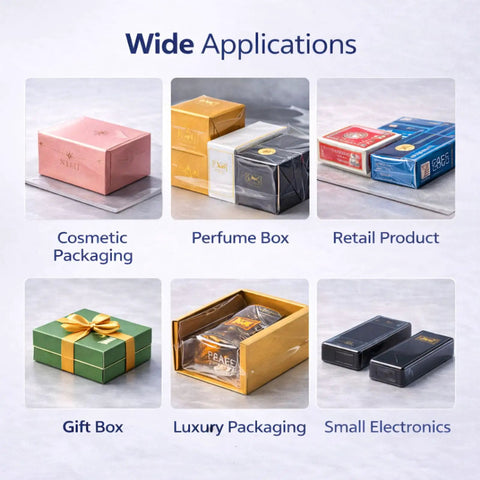 Hassle Free Manual Shrink Wrap Heat Sealer For Bopp And Pvc Film Smooth Overwrapping Packing Tool For Perfume Cosmetics Gift Boxes showcased with various packaged products.