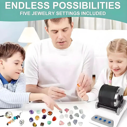 Family using All In One Stone Polishing Kit With Rock Tumbler And Polishing Grits For DIY Gemstones Includes Rough Stones And Rotating Bucket