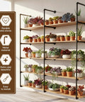 Industrial Pipe Shelf Five Tier 72 Inch Floating Pipe Book Shelves with plants, sturdy iron pipes, natural wood in living space.