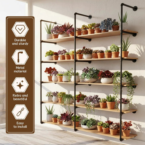 Industrial Pipe Shelf Five Tier 72 Inch Floating Pipe Book Shelves with plants, sturdy iron pipes, natural wood in living space.